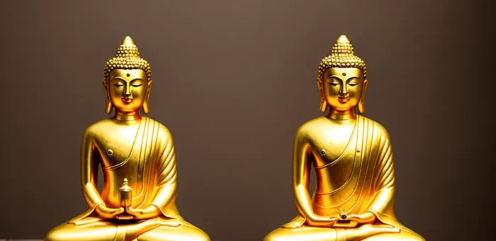 Zwei goldene Buddha-Statuen sitzen auf einem roten Tuch und symbolisieren die Bedeutung von Wude.